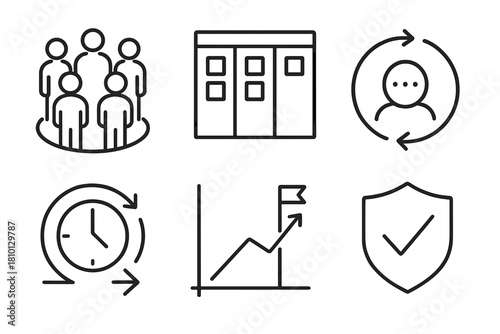 Agile Team Icons. Line style icons of Agile team facilitation: team stand-up circle, sprint planning board, retrospective loop