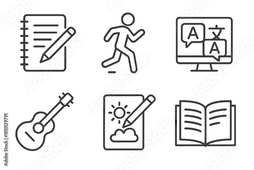 Neuroplasticity Icons. Line style icons of daily practices to enhance neuroplasticity: journaling habit, physical exercise icon,