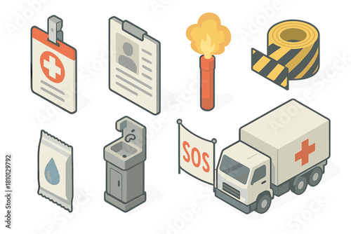Disaster Relief Essentials. Isometric vector illustration set of Disaster relief: field medic badge, survivor identification form,