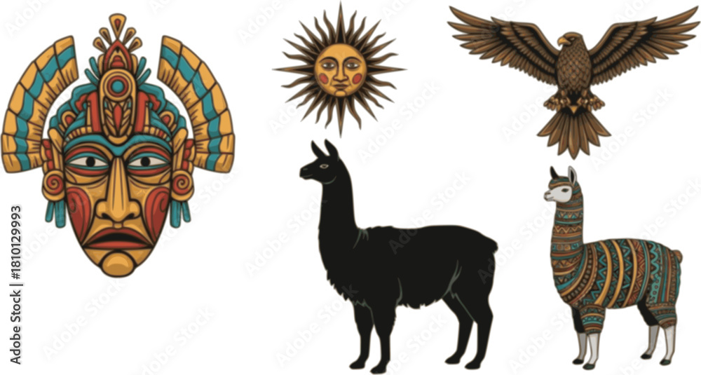 Obraz premium Traditional Peruvian Elements Vector Set: Inca Mask, Sun, Llama, Eagle, Machu Picchu, Alpaca, and Ancient Symbols. Retro South American Culture Illustration.