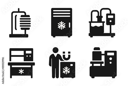 Magnetic Refrigeration Icons. Solid style icons of laboratory magnetic refrigeration setups: test rig with coil and core, lab