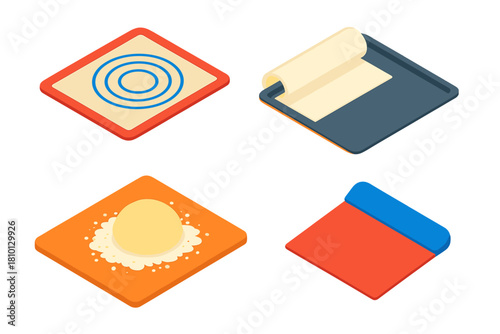 Colorful Baking Tools. Isometric vector illustration set Baking tools – silicone baking mat, parchment sheet, nonstick liner;
