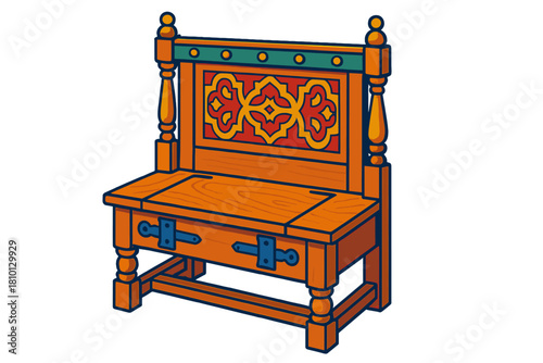 Antique Furniture Collection. Isometric vector illustration set Antique furniture – Jacobean hall bench, carved backrest,