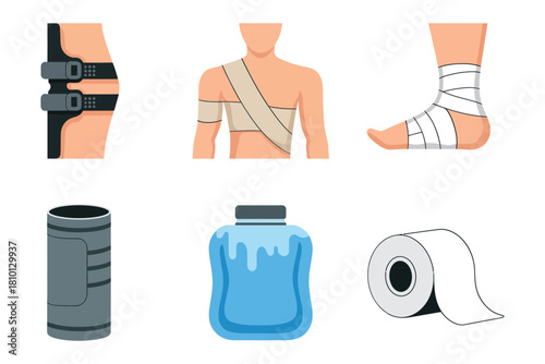 Sports injury support icons, knee brace, shoulder wrap, ankle bandage, compression sleeve, hot water bottle, medical supplies vector