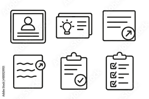 Review & Retention Icons. Line style icons of review and retention: recap screen icon, concept refresher flashcard, summary tile,