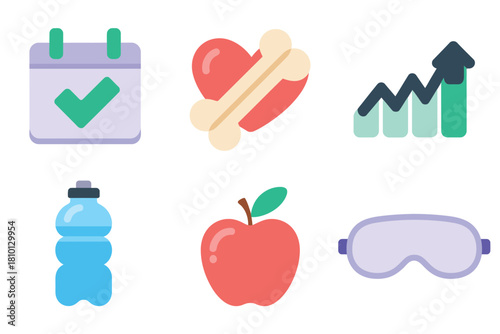 Daily wellness planner set, hydration bottle, nutritious apple, rest mask, schedule reminder, rising growth chart, health vector