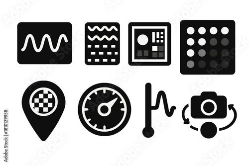 Photo Calibration Tools. Solid style icons of photo calibration tools: wave signal bar, interference pattern grid, image test
