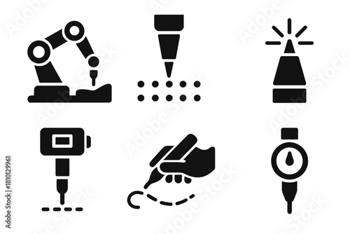 Automated Tattoo Technology. Solid style icons of machine tattooing process: robot arm tattooing skin, precise ink dot grid, laser
