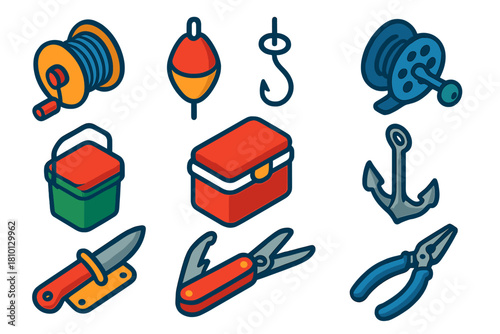 Bright Fishing Gear Icons. Isometric vector illustration set Fishing equipment – handline spool, drift bobber, hand reel; bucket