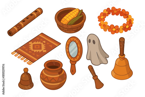 Cultural Ritual Artifacts. Isometric vector illustration set of Cultural rituals: ceremonial flute, harvest basket, flower garland