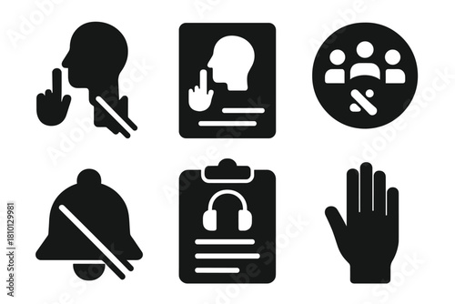 Icons of Social Silence. Solid style icons of social silence etiquette: gesture to mute icon, etiquette card glyph, group badge.