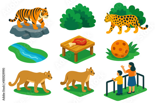 Vibrant Zoo Animal Icons. Isometric vector illustration set Zoo animals – tiger, jaguar, cougar; rocky ledge, dense foliage, water