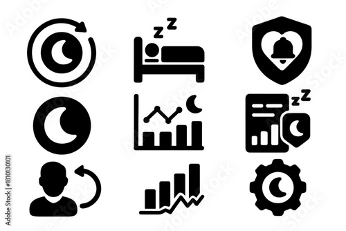 Sleep Cycle Icons. Solid style icons of sleep cycle monitoring: circadian rhythm glyph, sleep stage icon, bio-alarm badge. Deep
