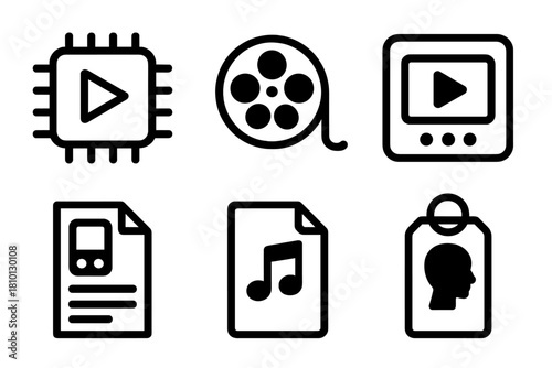 Time Capsule Icons. Line style icons of Time Capsule Curation: video memory chip, film reel icon, playback device, device