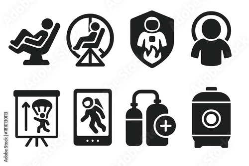 Space Training Icons. Solid style icons of training for space diving: simulator glyph, G-force trainer icon, module badge. Suit-up