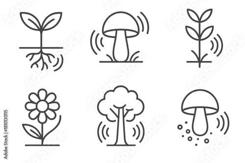 Fungi and Plant Acoustics. Line style icons of fungi and plant acoustics: root click sound, mushroom growth vibration, plant