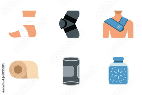 Injury support supplies set, elastic bandage roll, elbow brace, shoulder sling, compression sleeve, cold gel pack, vector