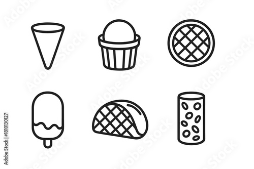 Ice Cream Pack Icons. Line style icons of edible ice cream packaging: cone sleeve, cookie cup, wafer disk lid, frozen chocolate
