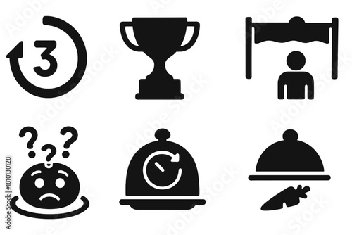 Challenge Event Icons. Solid style icons of challenge event visuals: countdown timer in reverse, reversed trophy icon, upside-down