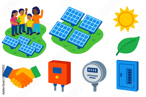 Solar Energy Icons. Isometric vector illustration set Climate action – community solar garden, panel array, mounting rack;