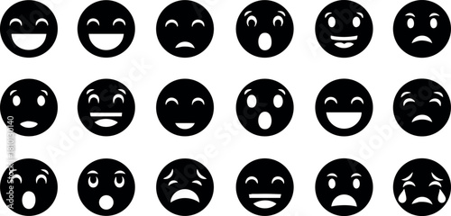 Set of black emoji faces with various happy sad surprised and crying expressions vector illustration