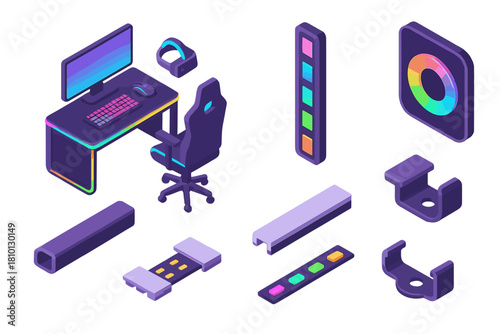 VR Gaming Setup. Isometric vector illustration set VR gaming setup – LED backlighting, RGB strips, diffuser channel; lighting