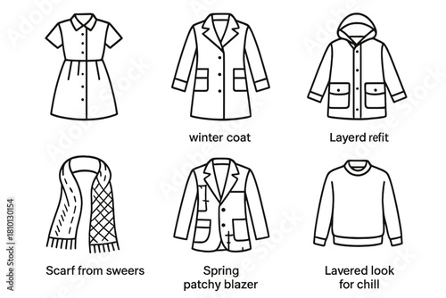 Seasonal Upcycling Icons. Line style icons of seasonal upcycling: summer dress from shirt, winter coat with added panels, spring