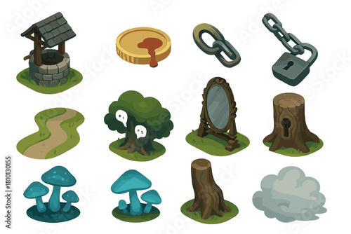 Urban Legends Icons. Isometric vector illustration set of Urban legends: whispering well, coin with blood spot, chain with lock.