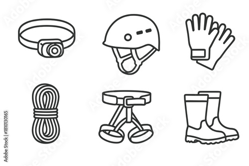 Cave Gear Icons. Line style icons of cave exploration gear: headlamp, climbing helmet, gloves, rope coil, harness, waterproof