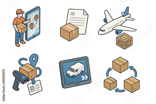 Logistics & Delivery Essentials. Isometric vector illustration set of Logistics and Delivery: courier route planner, shipping