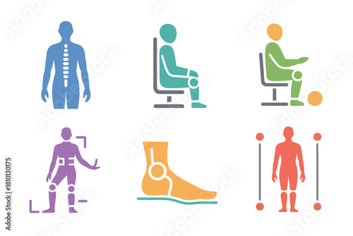 Orthopedic assessment symbols, skeleton figure, wheelchair seat, foot alignment gauge, body measurement marks, clinical evaluation, rehabilitation vector