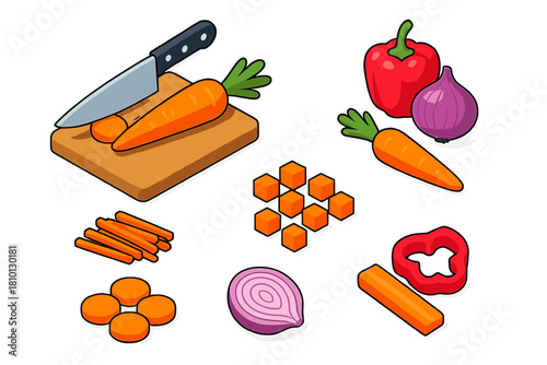 Cooking Techniques Icons. Isometric vector illustration set Cooking techniques – chef’s knife, chopping board, vegetable pile;