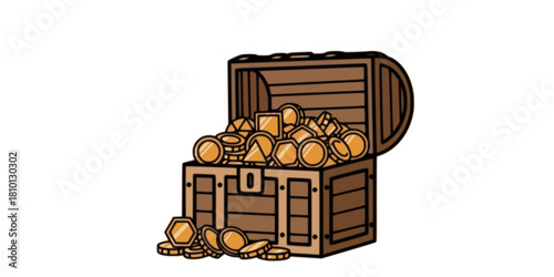 Open Treasure Chest with Geometric Coins Flat Vector Icon
