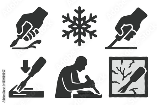 Ice Engraving Icons. Solid style icons of hand-engraving techniques: hand with carving tool, ice chip flake icon, cold surface