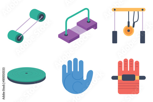 Physiotherapy equipment set, push up bars, over door pulley, balance disc, hand gripper, wrist roller, rehab training vector