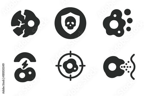 Plasma Apoptosis Icons. Solid style icons of plasma-induced apoptosis: cell with collapse icon, controlled death badge,