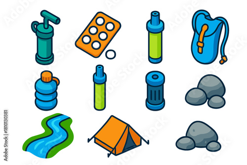 Travel Gear Essentials. Isometric vector illustration set Travel gear – portable water filter, purification tablets, hydration