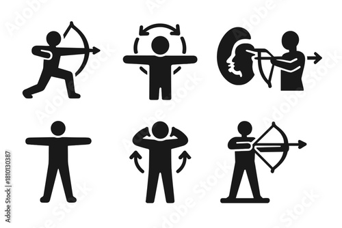Warm-Up Exercise Icons. Solid style icons of warm-up and preparation: stretching archer icon, arm circles loop, breathing prep