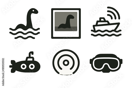 Cryptid Research Icons. Line style icons of Cryptid Research: Loch Ness waves, blurry photo, boat radar, sonar ping, old submarine