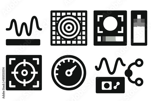 Photo Calibration Tools. Solid style icons of photo calibration tools: wave signal bar, interference pattern grid, image test