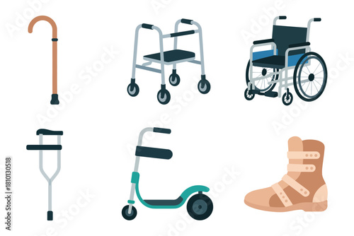 Mobility aids icons, walking cane, forearm crutch, foldable walker, knee scooter, wheelchair, orthopedic boot, rehabilitation equipment vector