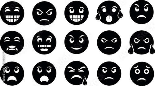 Black and white round emoticon faces with various facial expressions vector illustration