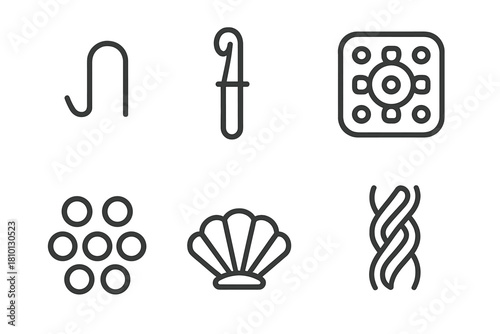 Stitch Technique Icons. Line style icons of stitch techniques for public art: single crochet shape, double stitch loop, granny