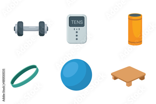Physical therapy tools set, dumbbell weight, tens unit device, pill bottle, resistance band, balance ball, step platform vector