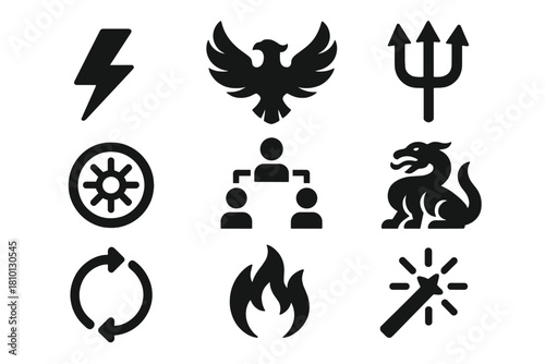 Mythology Icons Collection. Solid style icons of mythological symbols: thunderbolt glyph, phoenix badge, trident icon. Pantheon
