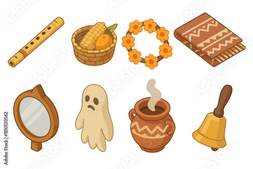 Cultural Ritual Artifacts. Isometric vector illustration set of Cultural rituals: ceremonial flute, harvest basket, flower garland