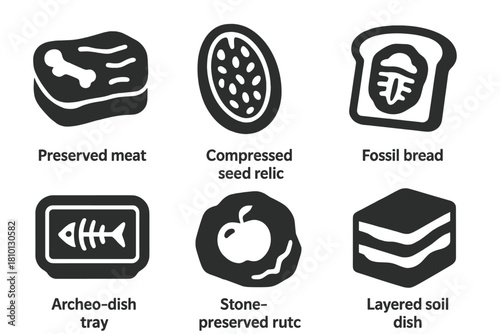Ancient Food Fossils. Solid style icons of food fossils and artifacts: preserved meat slab, compressed seed relic, fossil bread