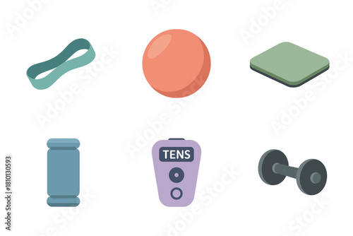Rehab exercise icons, resistance band, stability ball, square balance pad, foam roller, tens therapy unit, dumbbell weight, vector