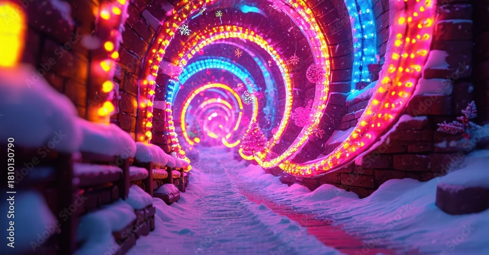 Fototapeta premium Bright tunnel glows with colorful lights. Snow covers stone walls, creating magical winter scene. Depth extends into darkness.