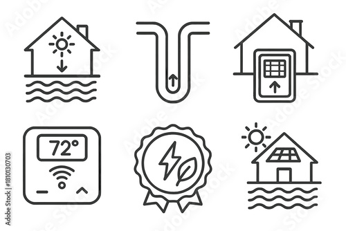 Geothermal Energy Icons. Line style icons of geothermal in residential use: geothermal house, ground heat pipe icon, basement heat